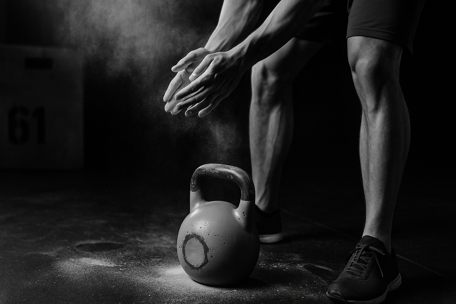 Fitness training with kettlebell and chalk dust
